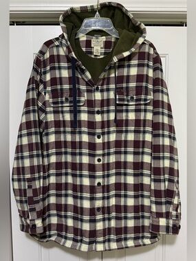 L.L. Bean Mens L Fleece Lined Hooded Button Up Multicolor Plaid Field Jacket
